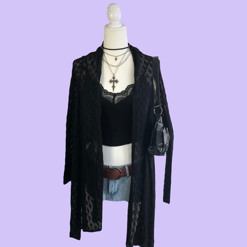 Vintage Y2K Talbots Black Pointelle Open Knit Duster Cardigan Sweater Womens OS